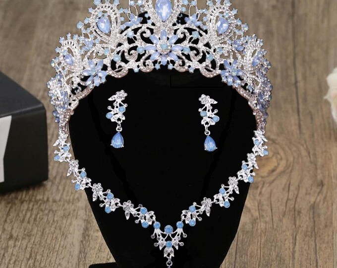 Light Blue Opal Bridal Tiara - Quinceanera Crown, Blue Opal Jewelry Necklace Earrings, Baby Blue Quince Crown, Sweet 16 Crown, Wedding Set