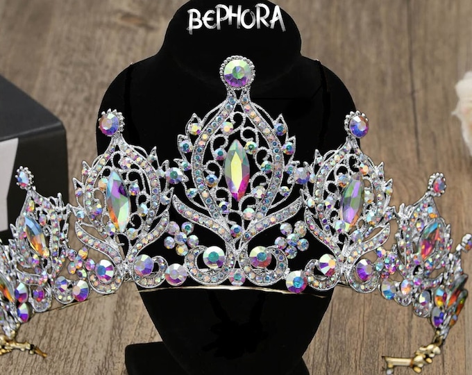 BEPHORA Diadem Wedding CZ AB Color Rhinestone Jewelry Set, Pageant Crown, Princess Quinceanera Tiara , Sweet 16, Ethereal Bridal Accessories