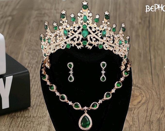 Emerald Green Baroque Crystal Bridal Tiara - Quinceanera Crown, Gold Green Quince Tiara, Necklace Earring Wedding Headpiece Crown, Prom