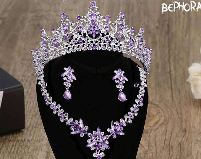Stunning BEPHORA NEW Purple Quinceanera Crown and Jewelry - Necklace, Earrings, Stunning Purple - Ideal for Cosplay & Birthday Sweet 15