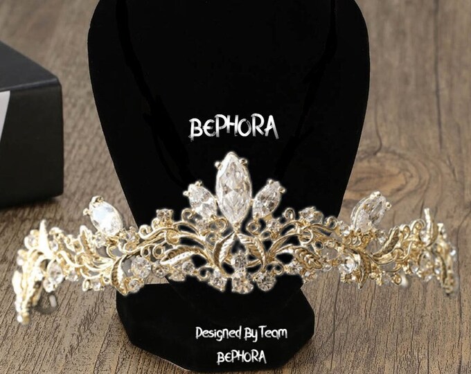 BEPHORA Handmade Princess Light Gold Small Size Circle Rhinestones Queen Pageant Crown Bridal Hair Jewelry Wedding Dress Accessories, tiara