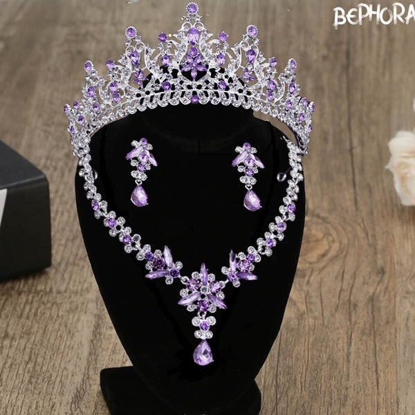Stunning BEPHORA NEW Purple Quinceanera Crown and Jewelry - Necklace, Earrings, Bracelet Included - Ideal for Cosplay & Birthday Sweet 15