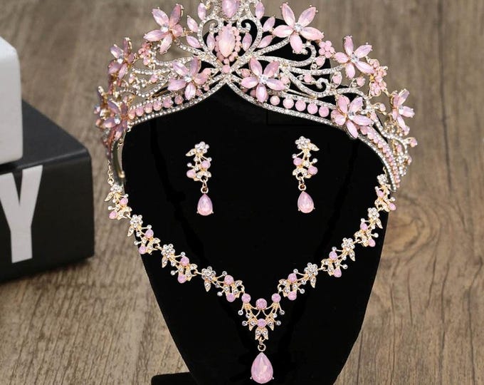 Quinceanera Light Pink Opal Tiara Jewelry Set – Crystal Bridal Crown with Necklace and Earrings