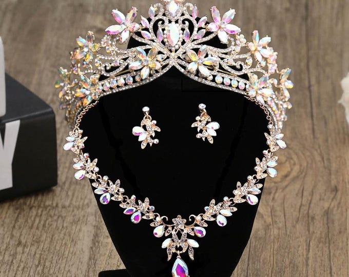 Iridescent AB Crystal Quinceanera Crown Set – Gold AB Tiara, Earrings, Necklace Wedding Headpiece