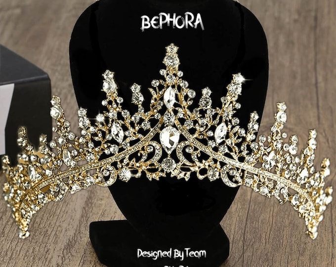 BEPHORA Handmade Princess Gold Crystal Bride Crowns Crystal Bride Headdress Luxury Queen Tiaras Crowns Women Pageant Wedding Hair Jewelry