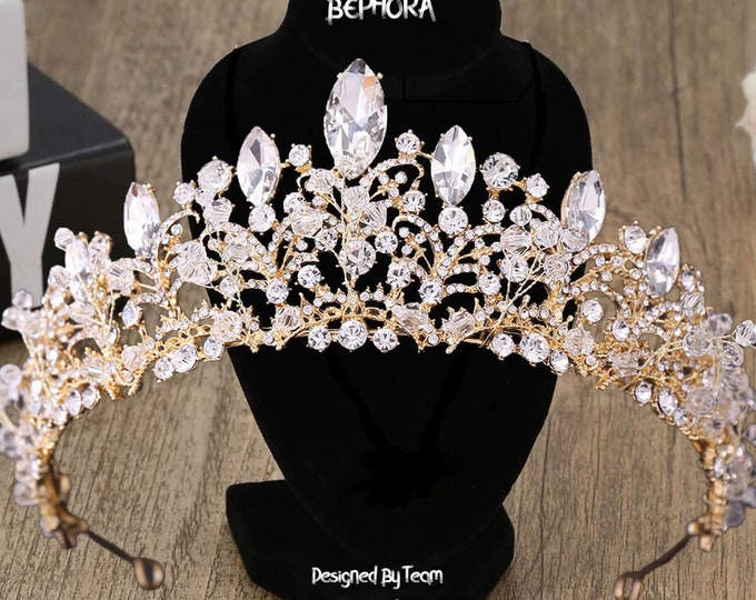 BEPHORA Handmade Princess Rose Gold Crystal Wedding Queen Rhinestone Tiaras and Crowns Bead Women Pageant Wedding Hair Jewelry Accessorie