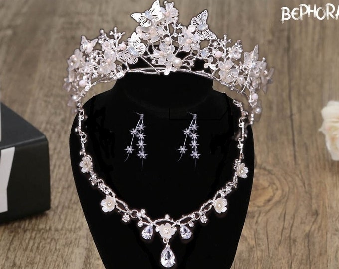Luxury Crystal Beads Pearl Butterfly Costume NEW Jewelry Set, Floral Rhinestone Choker Necklace, Earrings, and Tiara Wedding Jewelry Set