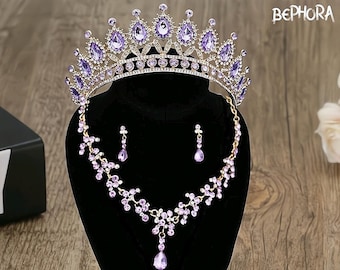 Conjunto de tiara nupcial de cristal púrpura: Joyería de boda dorada