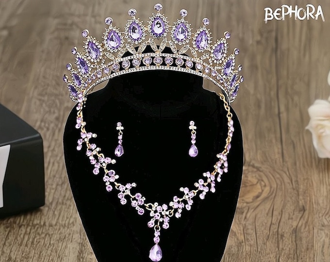 Purple Baroque Crystal Bridal Tiara Set - Lavender Quinceanera Crown, Gold Purple Crown, Necklace & Earrings Wedding Headpiece, Prom Jewelry