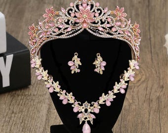 Pink Gold Light SET Opal Tiara, Crown, Necklace, Earrings Set, Bridal Jewelry, Sweet 15