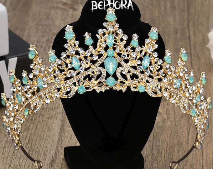 Light Green Opal Bridal Glamorous Crown - Artisan Quinceanera Tiara Set, Unique Wedding or Quinceanera Gift, Memorable Bridal Shower Gift