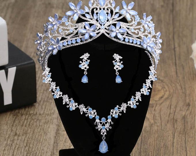 Light Blue Opal Quinceañera Tiara and Crown with Necklace and Earrings