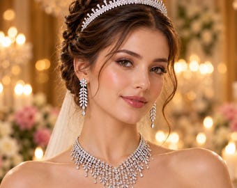 Crystal Bridal Tiara Necklace Earrings Set, Silver Royal Wedding Jewelry 41