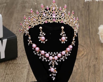 Handmade Queen Tiara Crown: Pink Pearl Wedding Jewelry Set