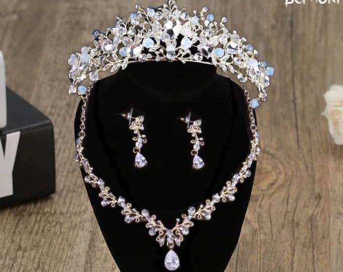 Noble Crystal Beads Pearl Bridal Jewelry Set- Gold Rhinestone Diadem Tiaras Necklace Earrings Baroque Crown Wedding Jewelry Set, Pearl Tiara