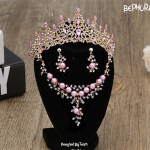 Handmade Queen Tiara Crown: Pink Pearl Wedding Jewelry Set
