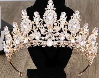 Diadem Wedding Gold White Silver Green Jewelry Set, Pageant Crown Necklace Earrings, Gorgeous Quinceanera Tiara Prom, Bridal Accessories