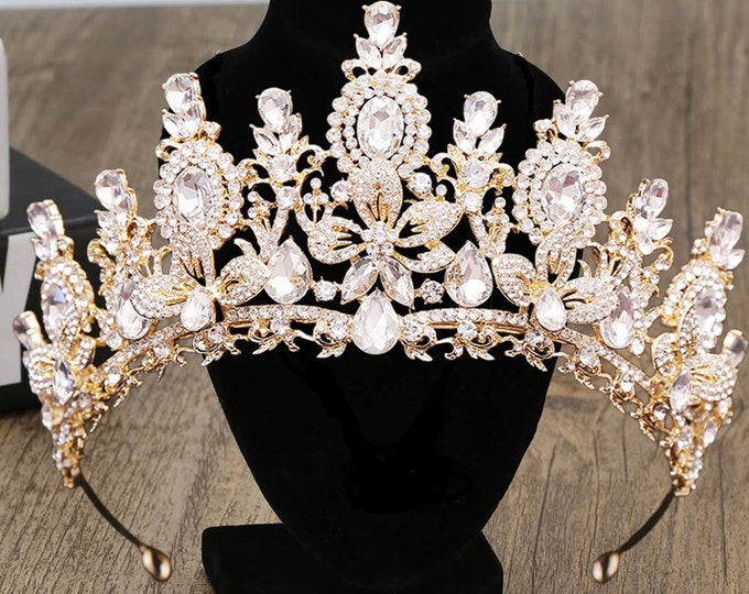 Diadem Wedding Gold White Silver Green Jewelry Set, Pageant Crown Necklace Earrings, Gorgeous Quinceanera Tiara Prom, Bridal Accessories