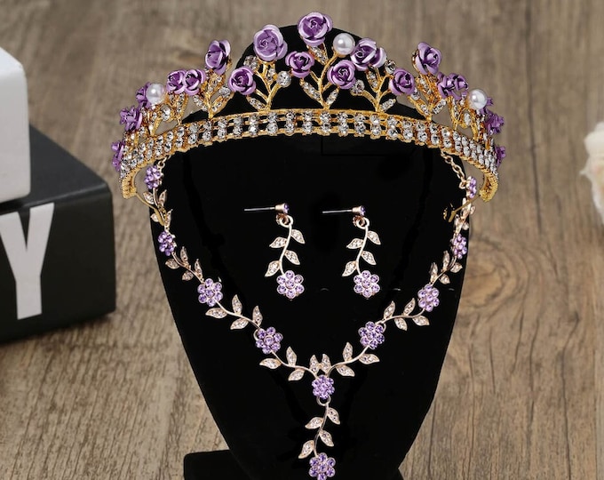 Purple Baroque Crystal Bridal Tiara - Quinceanera Crown, Lavender Tiara, Necklace, Earrings Wedding Headpiece, Purple Crown, Prom Jewelry