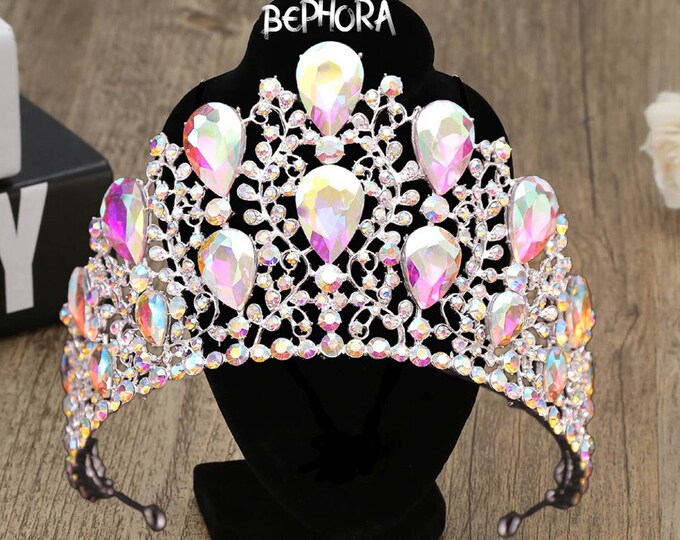 Vintage AB Color Wedding Big Crown Alloy Bridal Tiara Baroque Simple Princess Crown Rhinestone Half Round Tiara Crown Comb, Unicorn Tiara