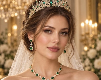 Crystal Bridal Tiara Necklace Earrings Set, Gold Green Royal Wedding Jewelry 1