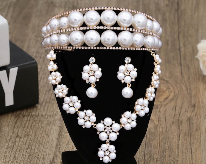 BEPHORA Handmade Bride Pearls Crown Luxury Tiaras Necklace Earrings Sets Crowns Women Prom Diadem Ornaments Wedding Hair Jewelry Accessories