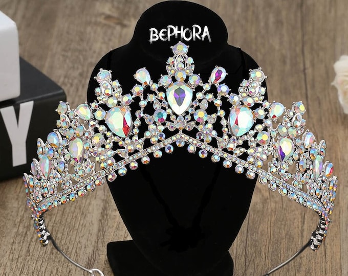 Iridescent Crystal Bridal Tiara - Gold Quinceanera Crown with AB Crystals, Elegant Wedding Headpiece for Brides & Quince Celebrations