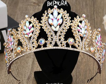 Handmade AB Crystal Gold Bridal Tiara and Earring Set - Etsy display picture 2