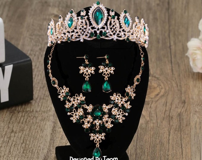 Green Baroque Crystal Bridal Tiara - Quinceanera Crown, Emerald Green Gold Tiara, Necklace, Earrings Wedding Headpiece Crown, Prom Jewelry