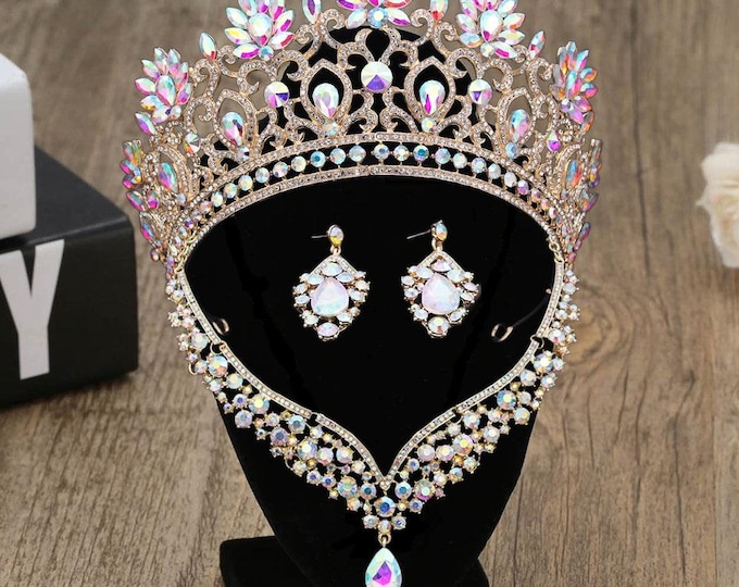 Quinceanera Crown, Bridal Jewelry Set AB Prom, Wedding Earrings, V Shape Necklace, Green Light Jewelry, Green Earrings, Green Light Necklace
