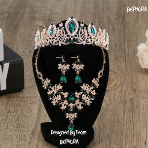 Emerald Green Crystal Bridal Tiara: Gold Wedding Jewelry Set
