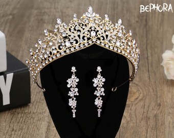 Gold Wedding Tiara and Earrings Set: Royal Cubic Zircon Bridal Jewelry