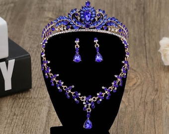 Handmade Quinceanera Blue Crystal Bridal Jewelry Set – Wedding Tiara, Necklace and Earrings