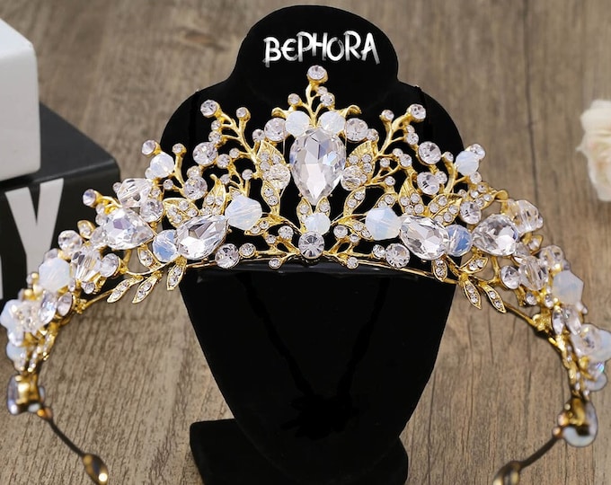 Stunning Gold Bridal Crown - Baroque Wedding Crown, Wedding Tiara, Crystal Wedding Gift, Vintage Emerald Birthday Party Crown, Birthday