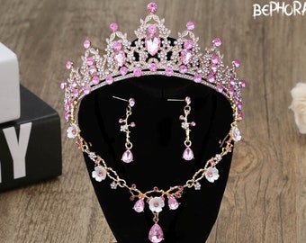 Light Pink Crystal Bridal Crown: Quinceanera Jewelry Set