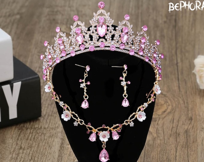 Light Pink Gold Bridal Tiara - Quinceanera Crown, Sweet 15 Crown, Baby Pink Quince Crown, Opal Jewelry Set Necklace Earrings, Wedding Set