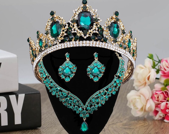 Diadem Wedding CZ Silver Green Jewelry Set, Pageant Crown Necklace Earrings Set, Gorgeous Quinceanera Tiara Sweet 16, Bridal Accessories