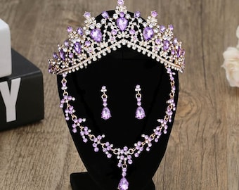 BEPHORA Handmade Bride Purple Pink Luxury Tiaras Necklace Earrings Sets Crowns Women Prom Diadem Ornaments Wedding Hair Jewelry Accessories