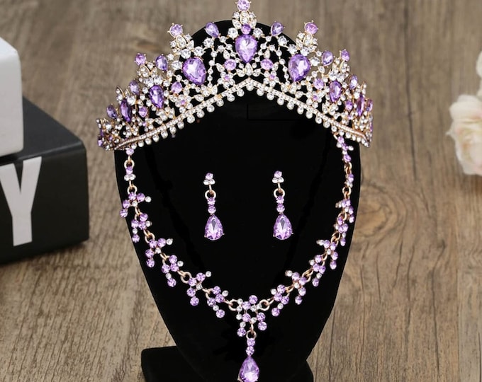 BEPHORA Handmade Bride Purple Pink Luxury Tiaras Necklace Earrings Sets Crowns Women Prom Diadem Ornaments Wedding Hair Jewelry Accessories