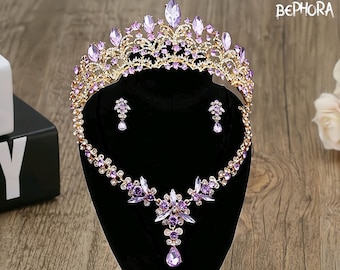 Corona nupcial de cristal púrpura: conjunto de collar y pendientes de tiara barroca.