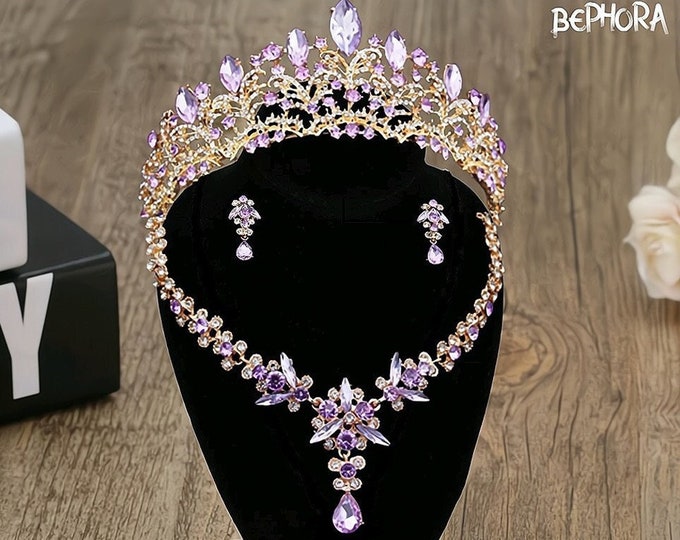 Regal Purple Crystal Bridal Crown - Baroque Quinceanera Tiara with Necklace & Earrings, Lavender Gold Prom Headpiece, Purple Baroque