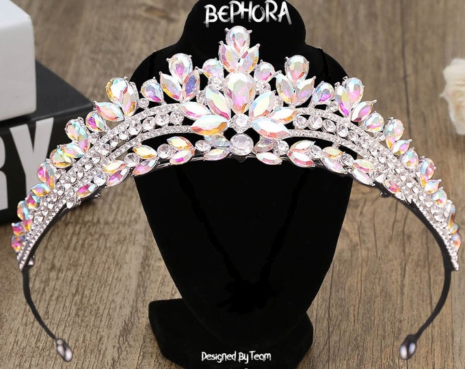 NEW Vintage AB Color Wedding Crown Classic Bridal Tiara Baroque Simple Princess Crown Rhinestone Half Round Tiara Crown, Unicorn Tiara