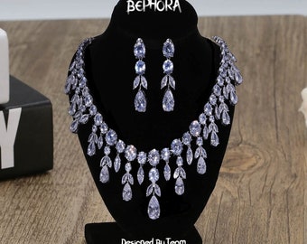 Rhinestone Bridal Jewelry Set: Square Earrings, Crystal Necklace