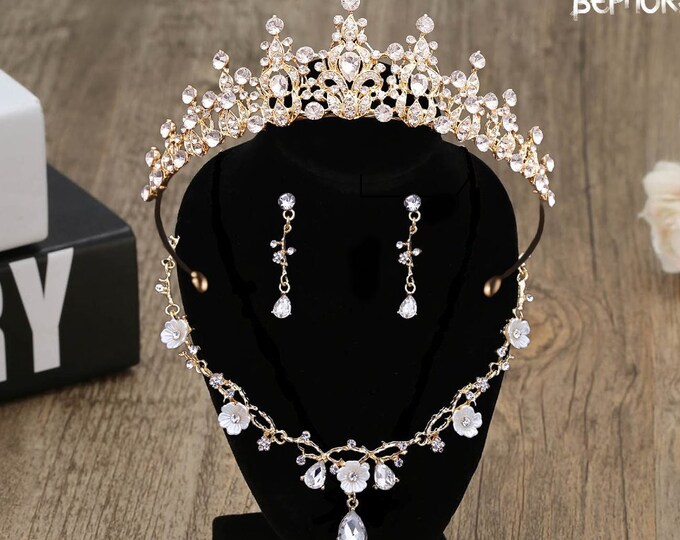 Diadem Wedding Small Dress Girls Royal Jewelry Set Pageant Crown Necklace Earrings Gorgeous Quinceanera Tiara Sweet 16 Bridal Accessories