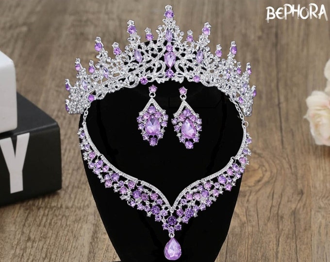 BEPHORA - Stunning Purple and Silver Quinceanera Crown Jewelry Set - Complete with Necklace, Earrings, and Bracelet, Lilac Cosplay Crown
