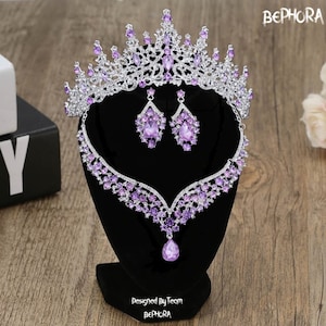 Purple Crystal Quinceanera Crown Jewelry Set: Necklace, Earrings, Bracelet