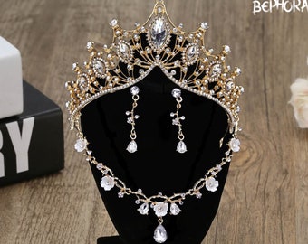 Gold Baroque Crystal Crown & Earring Set: Bridal Headpiece