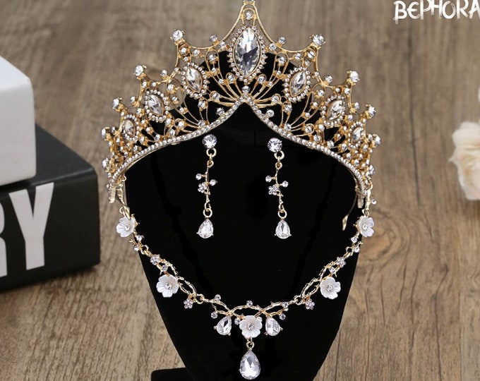 Regal Gold Baroque Crown & Earring Set - Luxurious Bridal Headpiece for Weddings, Perfect Quinceanera Accessory, Prom Queen Gift Accessories