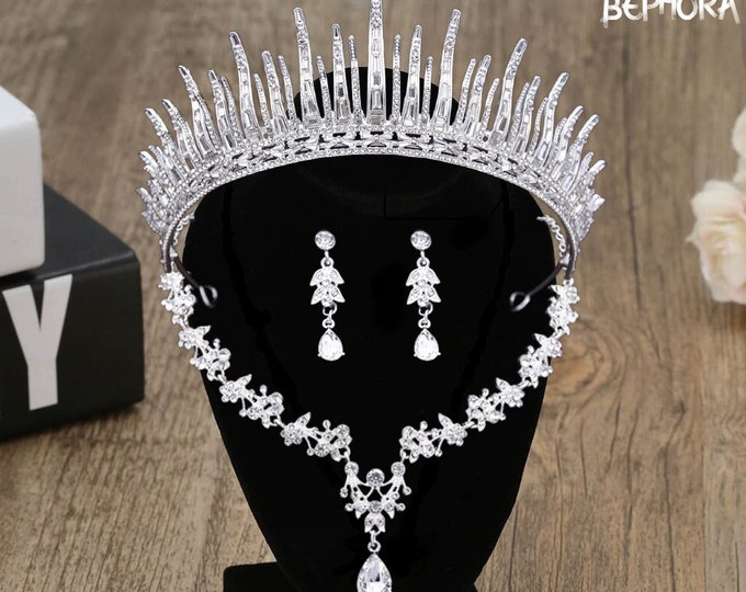 Royal Diadem Wedding CZ Silver Green Jewelry Set, Pageant Crown Necklace Earrings, Gorgeous Quinceanera Tiara Sweet 16, Bridal Accessories
