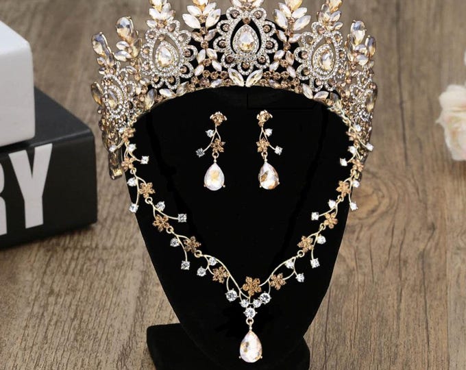 Champagne Crystal Bridal Tiara: Baroque Wedding Jewelry Set